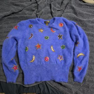 Classiques royal blue Angora Rabbit Hair Sweater M Sequin Stars Moon 1997